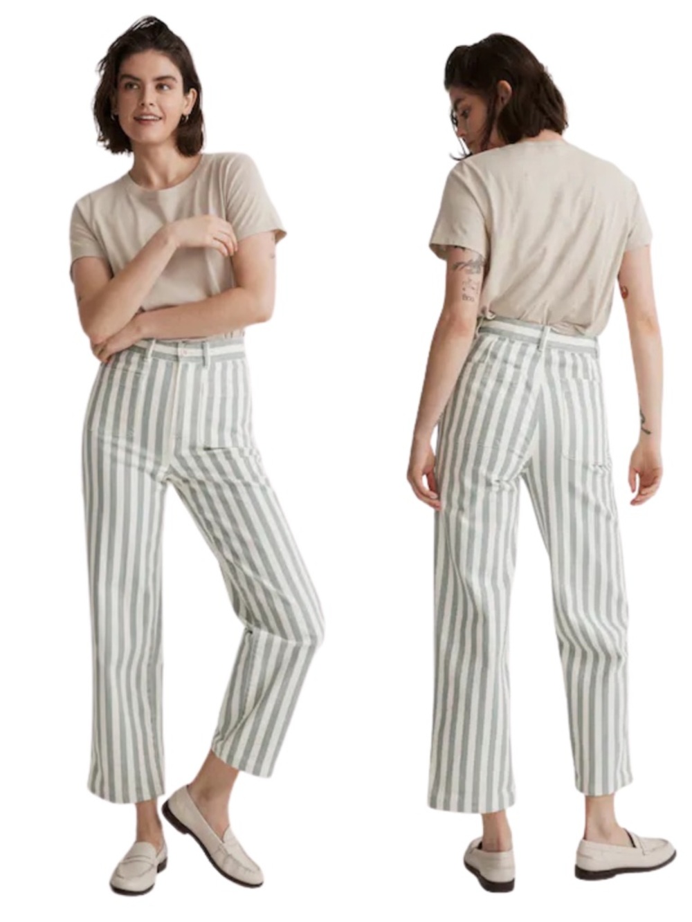 Madewell Emmett 2.0 Wide Leg Crop Pants Simply Sage Stripe 32 MSRP $98